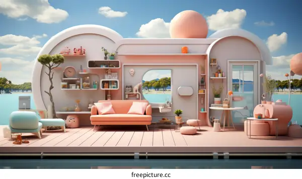 Contemporary floating home with a pink sofa and blue accents