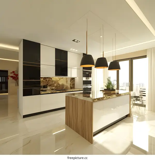 Modern Kitchen Design With Marble Countertop And Island