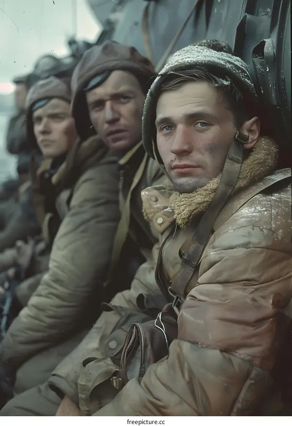 Three soldiers in winter gear sit on a snowy hillside during the Korean War.