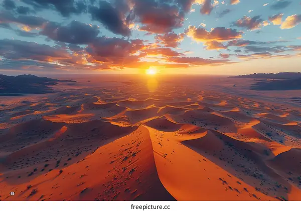An aerial view of the vast and beautiful sand dunes of the Empty Quarter desert in Saudi Arabia