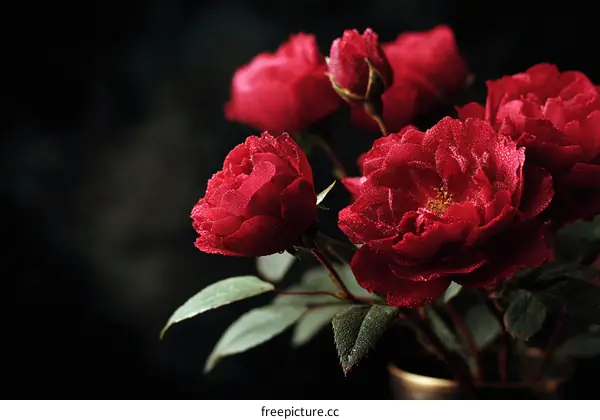 Close-up of a bouquet of red roses with water droplets
