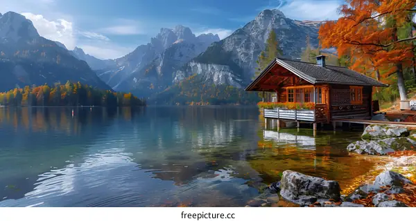 Small wooden house on the lake in the mountains
