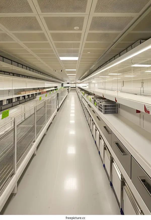 Empty Metal Shelves in a Long White Corridor