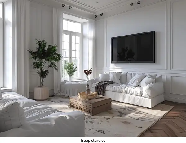 Bright and Airy Living Room with Plants and White Furniture