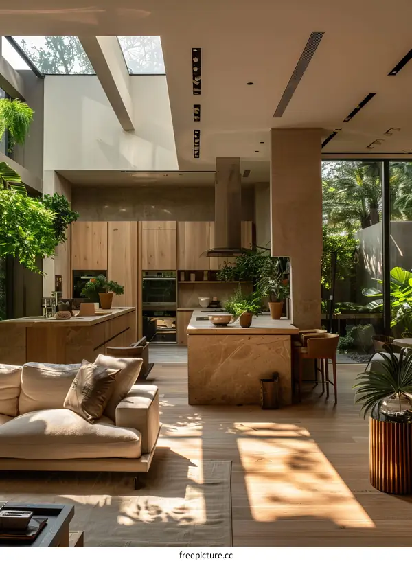 Modern house interior design with open kitchen, living room and lots of plants