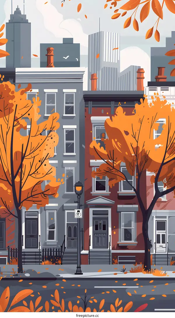 Autumn Cityscape With Falling Leaves And Streetlights