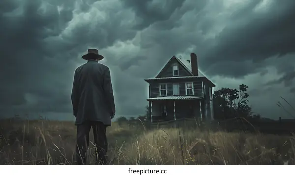 Man in a field looking at an old house