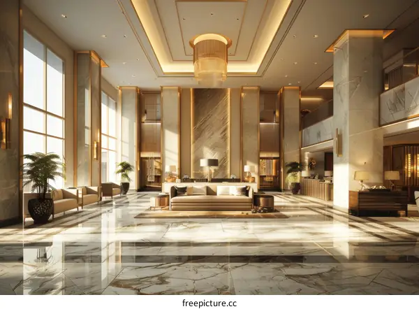 Modern luxury hotel lobby interior with marble floor and golden decoration