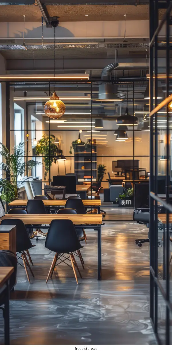 Modern Office Interior with Glass Walls and Wooden Furniture