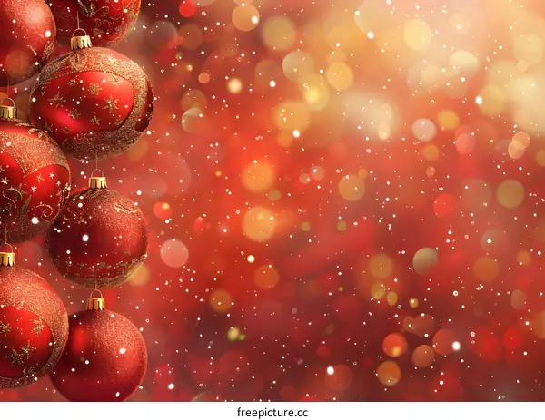 Red and gold Christmas ornaments hanging on a red background with a golden bokeh