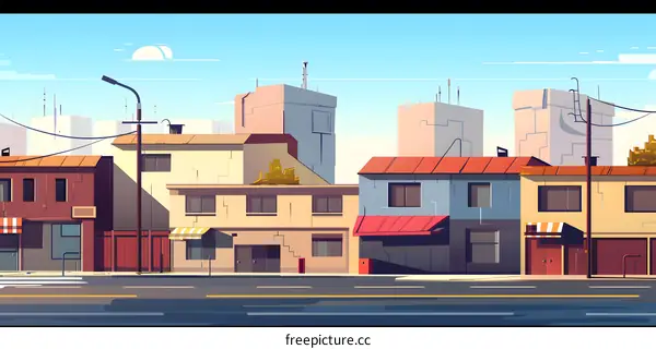 Cartoon Illustration Of Cityscape With Buildings And A Street