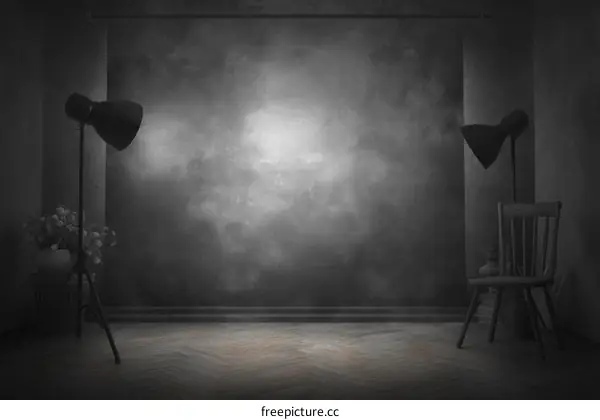 Dark Studio Interior with Lighting and Chair