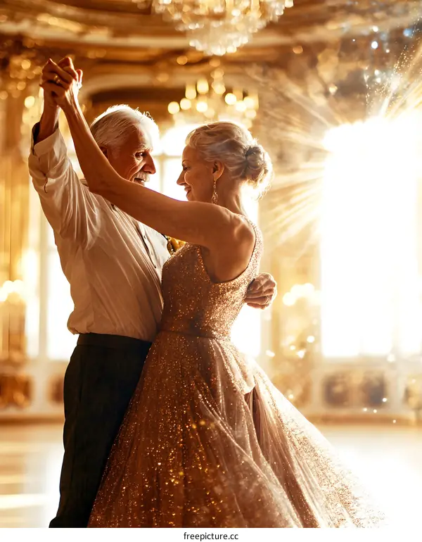 Romantic Elderly Couple Dancing in a Ballroom