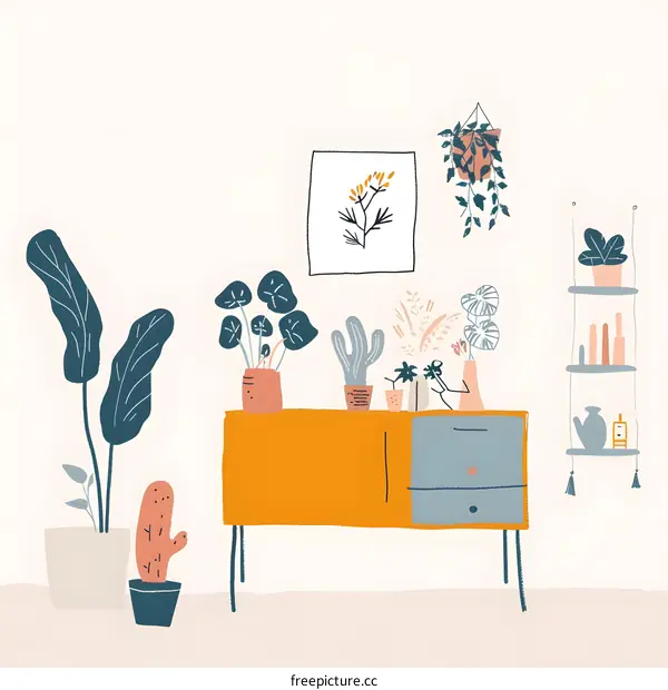Hand Drawn Illustration of a Living Room with Plants