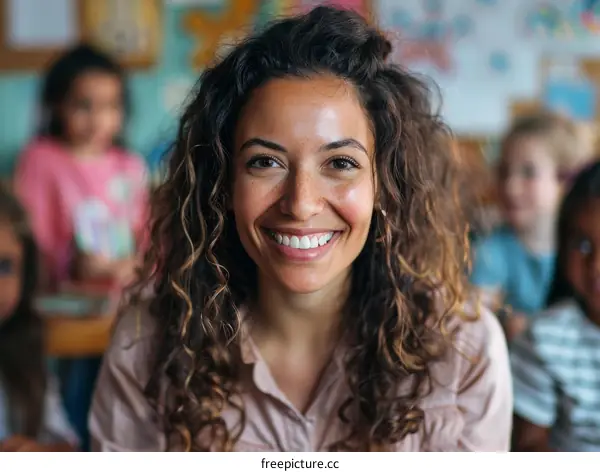Portrait of a smiling teacher in a classroom with children in the background