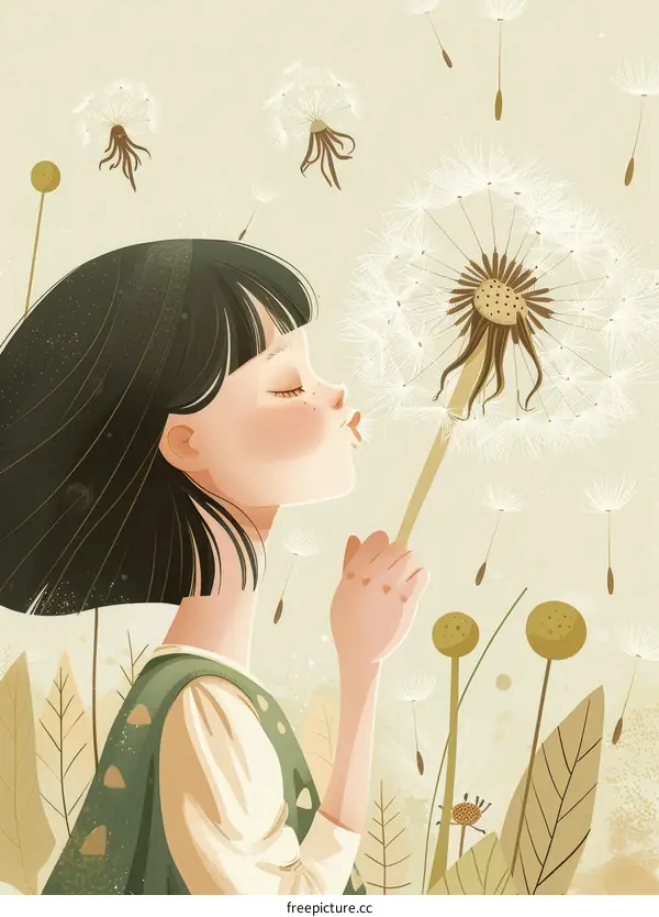 Little girl blowing dandelion seeds in a summer field
