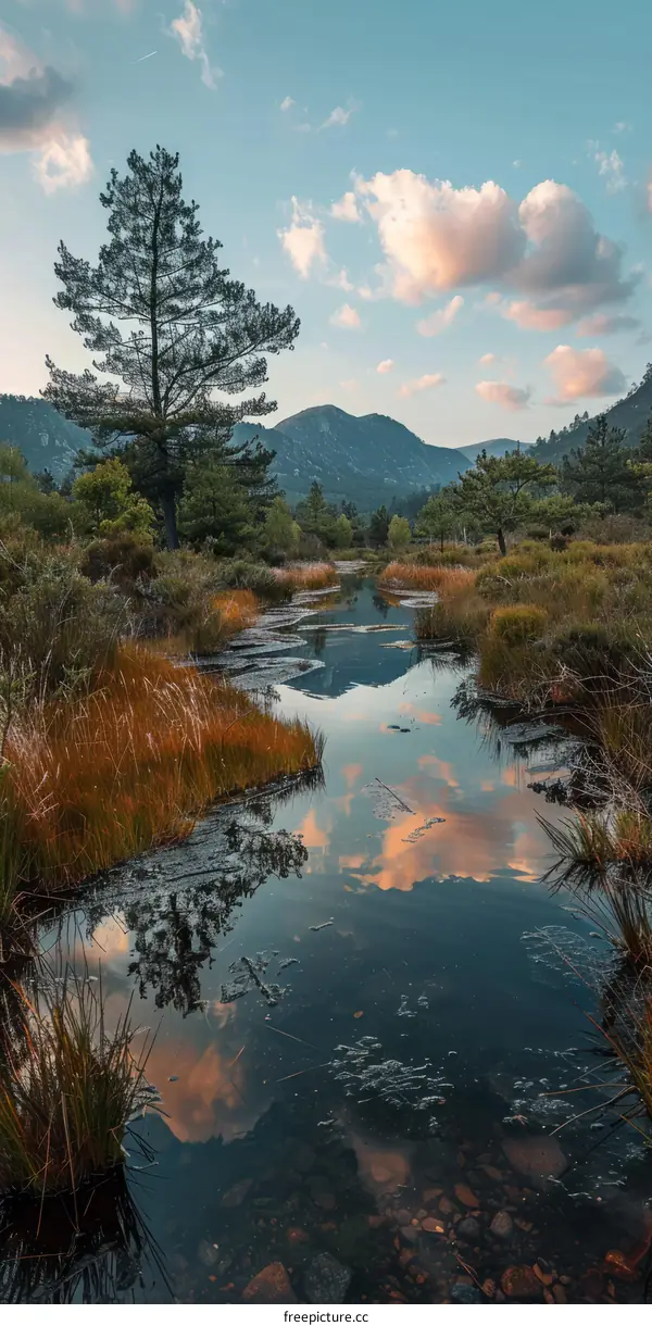 Mountain stream in a valley with a large tree on the left side of the image reflecting on the water