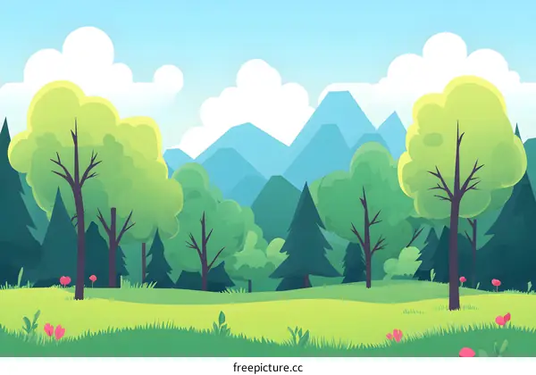 Green Forest Landscape with Mountains and Blue Sky