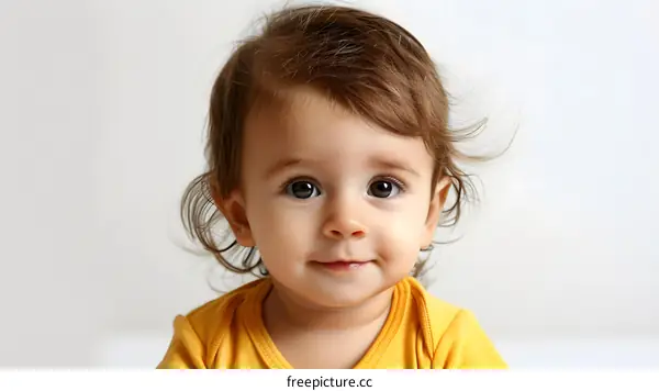 Portrait of a happy smiling baby in yellow clothes