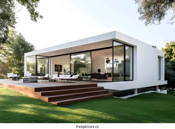 Modern Minimalist White House with Large Sliding Glass Doors and Wooden Deck