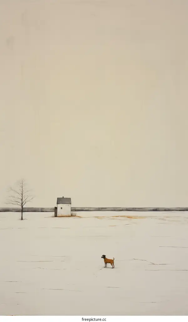 Dog in Snowfield with Distant House and Tree