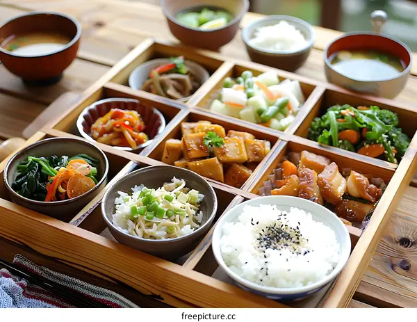 A delicious and healthy Japanese meal with rice, vegetables, and fish