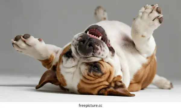 A playful English bulldog lying on its back with paws up