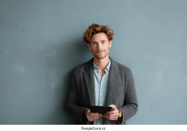 Young man in casual suit holding tablet against gray wall