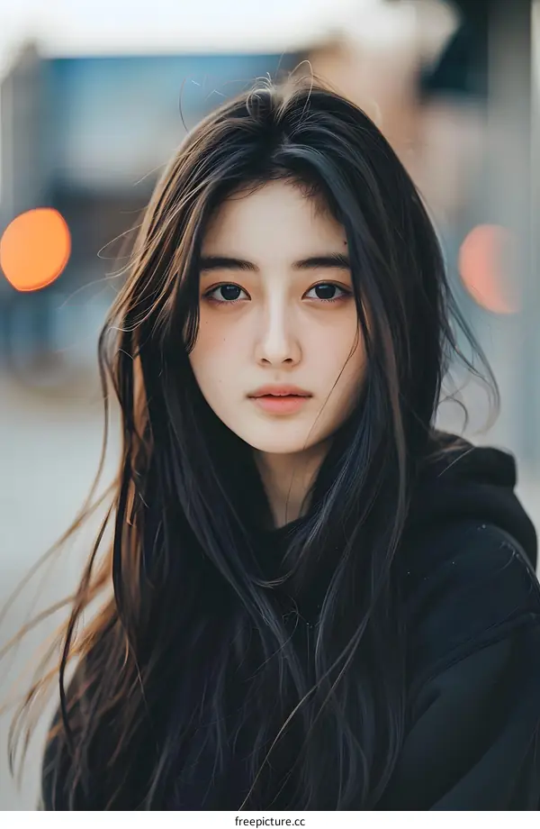 Portrait of Young Asian Woman with Long Black Hair