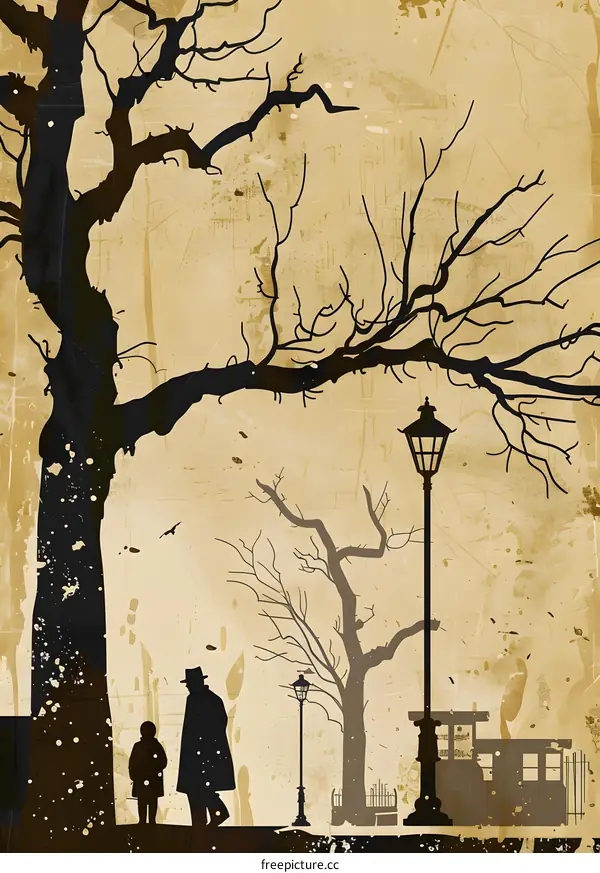Silhouettes of Two People Walking Under a Bare Tree on a Vintage Background