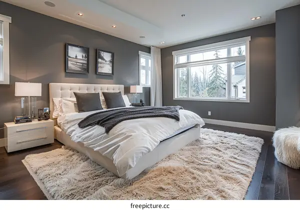 Modern bedroom with white bedding and fur rug