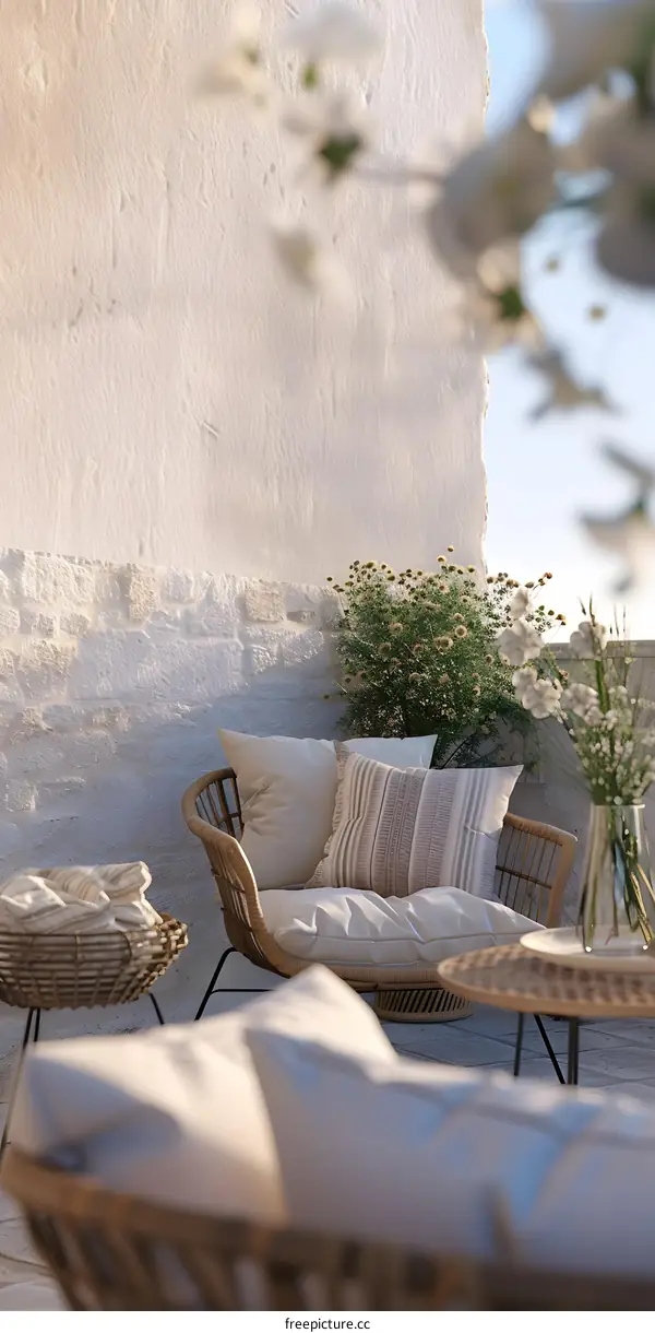 White Wall Patio Furniture with Plants