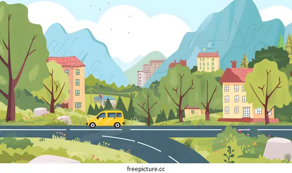 Mountain Road With Houses and Trees Illustration