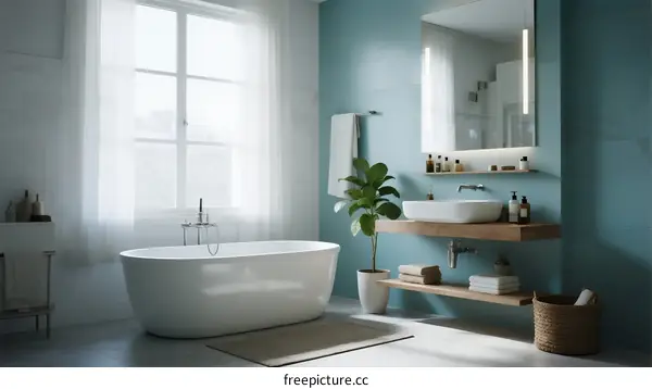 Modern bathroom with free-standing tub and blue walls