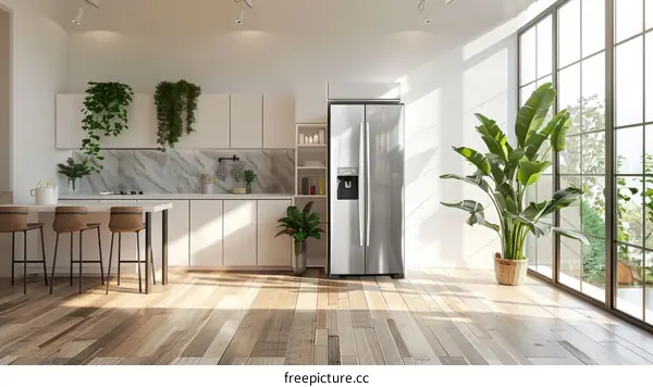 Modern kitchen interior design with large fridge and indoor plants