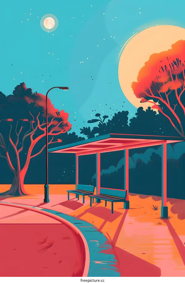 Night Sky Bus Stop Illustration