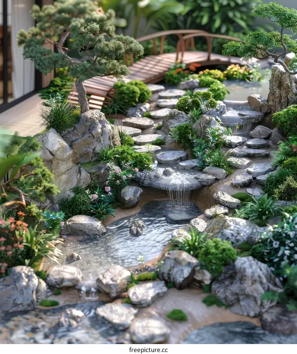 Tranquil Japanese Zen Garden with Waterfall and Bridge