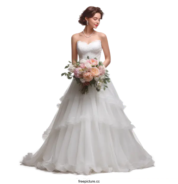 [Transparent Background PNG]Elegant Wedding Dress with Floral Bouquet for Bride