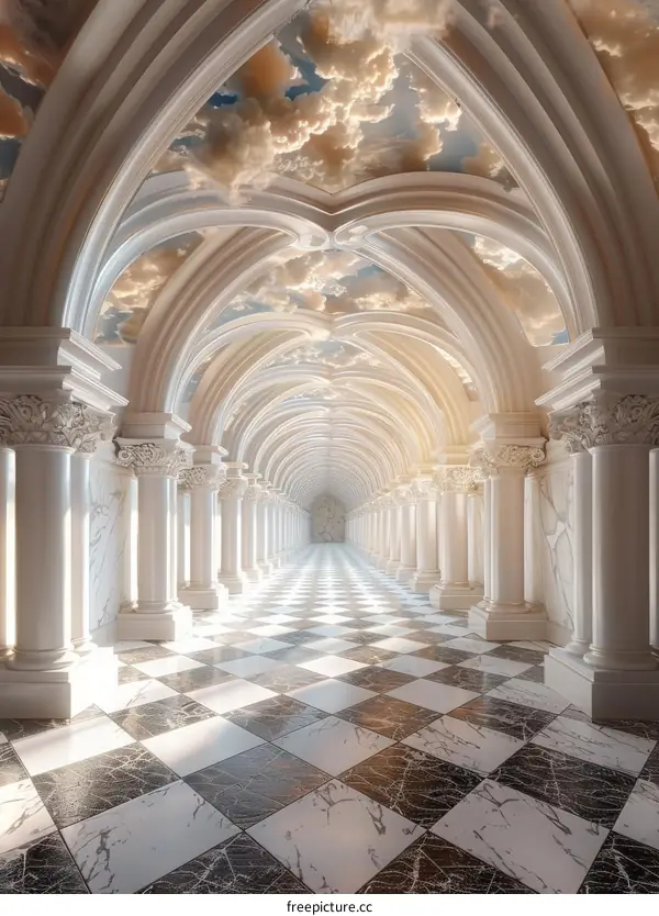 Grand Hallway with Checkerboard Floor and Skylight