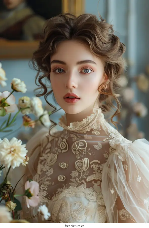 Portrait of a beautiful young woman in a white dress with flowers