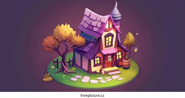 Cartoon Illustration of a Cute Cottage House with a Purple Roof