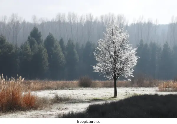 Winter Wonderland Frozen Tree in a Misty Field