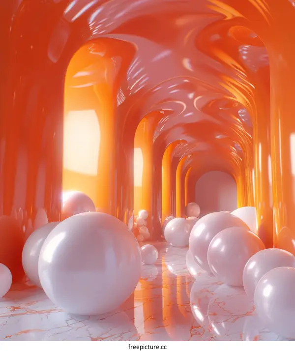 Surreal Orange Tunnel with White Spheres