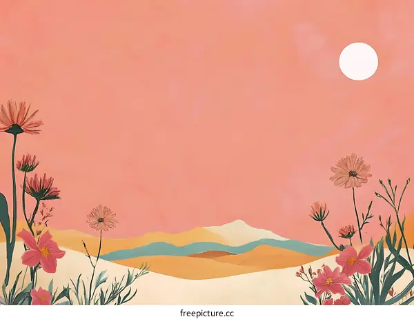 Pink Sunset Landscape with Flowers and Mountains