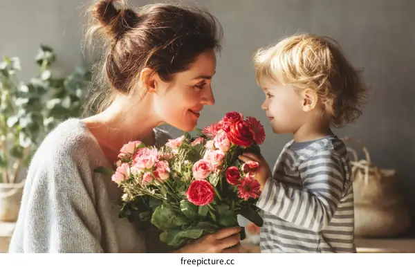Mother and Child Sharing a Bouquet of Flowers