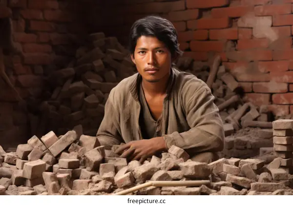 Portrait of a young Nepalese man sitting on a pile of bricks