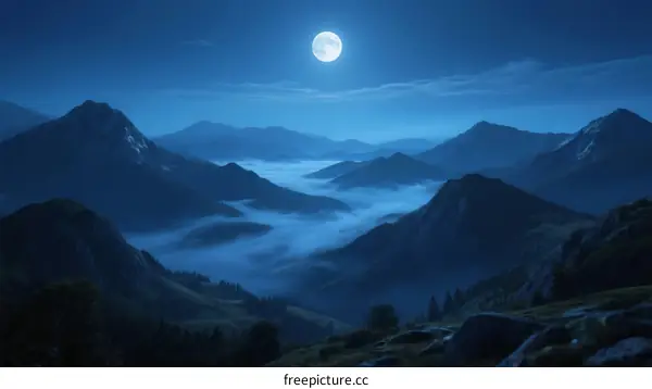 Full Moon Illuminating Misty Mountain Range at Night