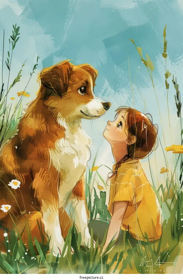 girl and her loyal dog in the meadow