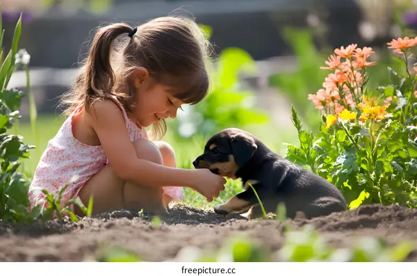 Little Girl Playing with Puppy in the Garden