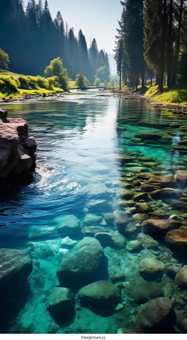 clear river flowing through a rocky landscape with green trees on the banks